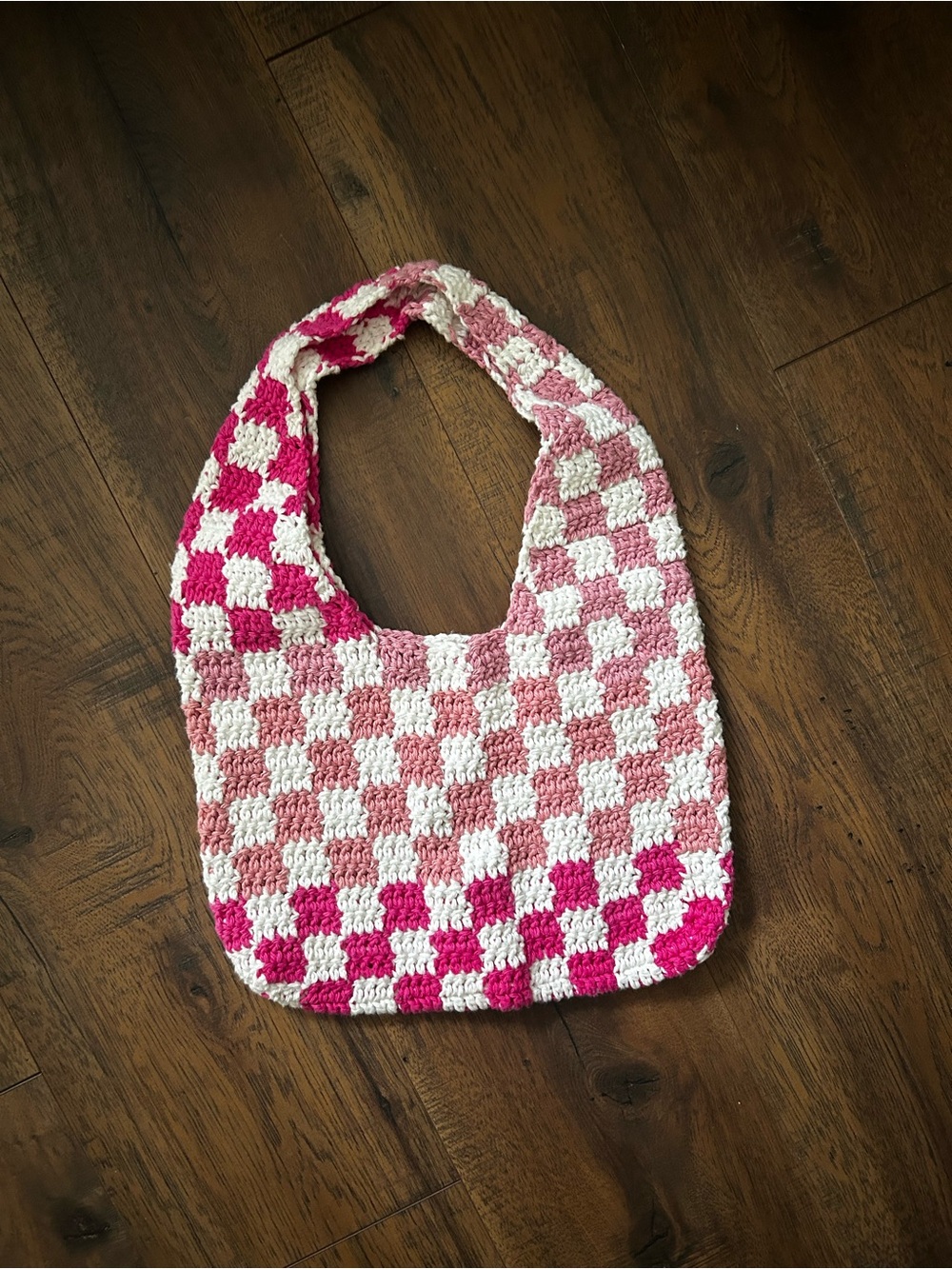 Handmade Pink Checker Crochet Tote Bag